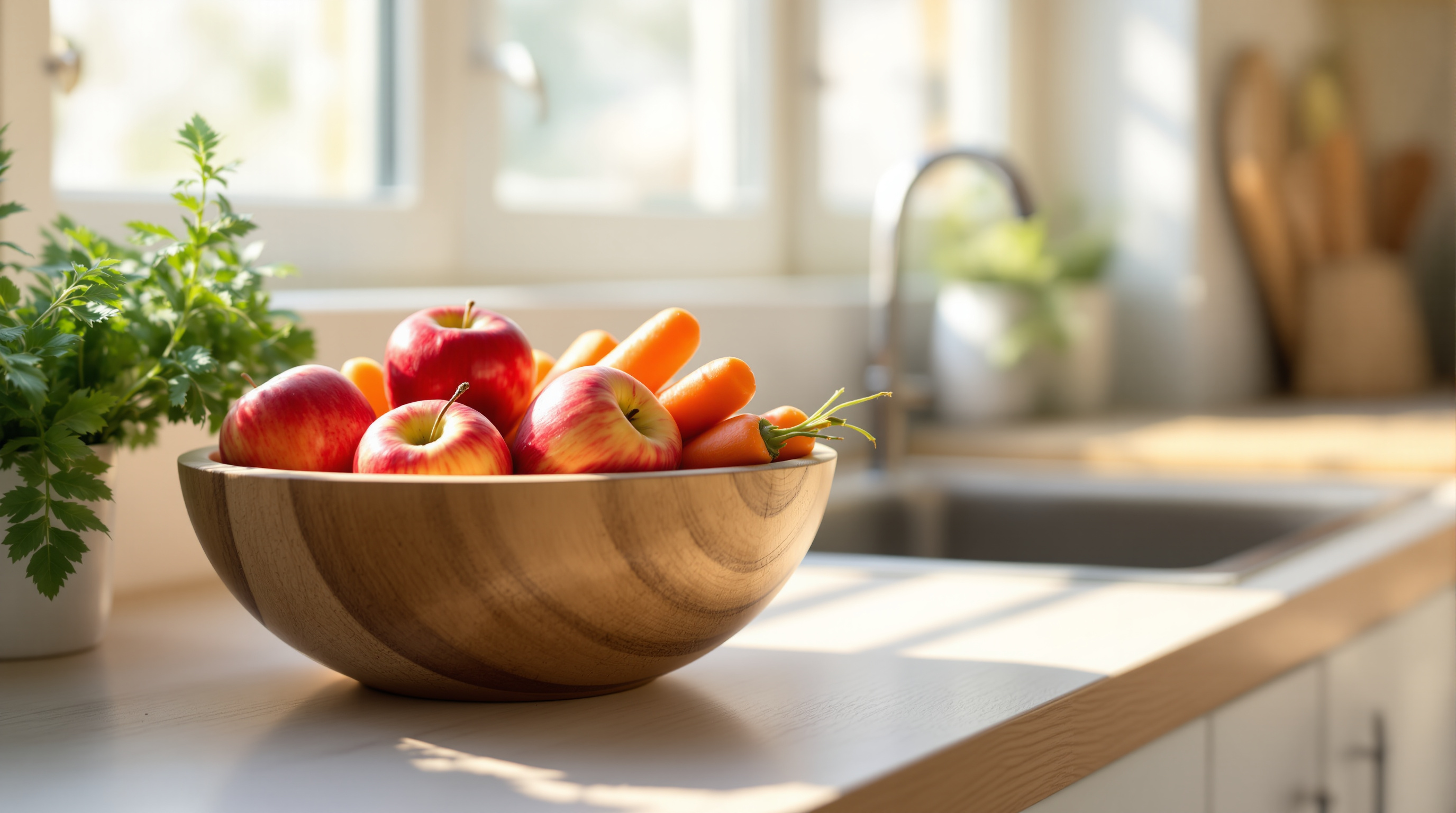A wooden bowl of fresh red apples and orange carrots on a sunlit kitchen counter