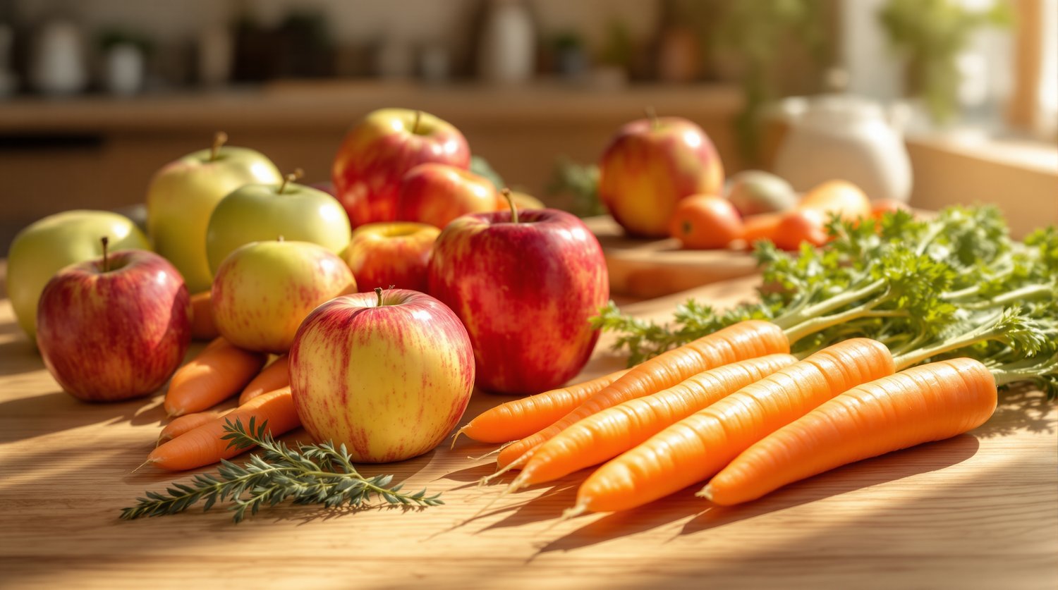 Fresh red and green apples beside a bunch of orange carrots on a sunlit wooden kitchen counter — the two most microplastic-contaminated produce items in the study