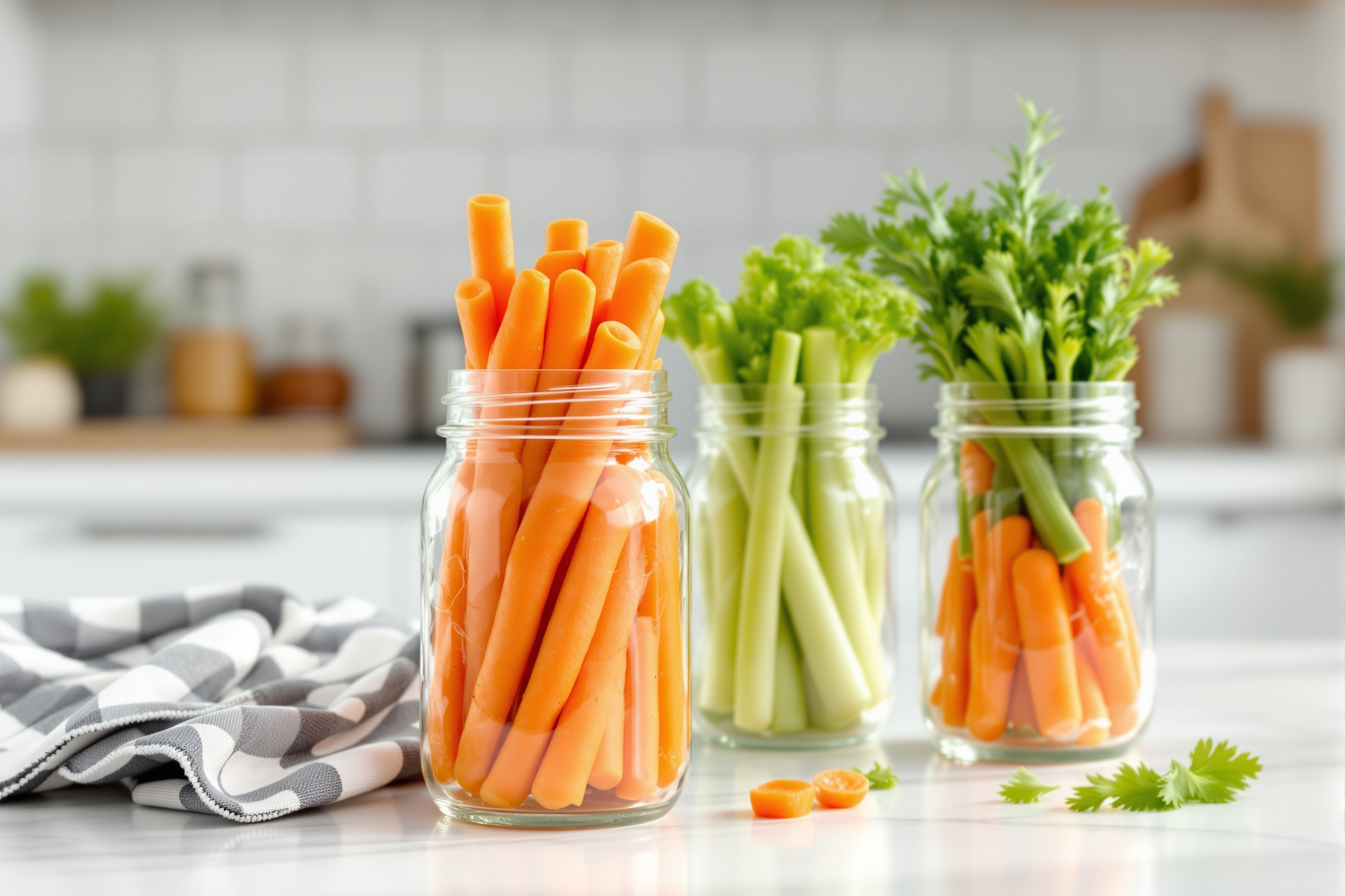 Clear glass mason jars filled with fresh cut carrot sticks and celery on a bright white kitchen counter