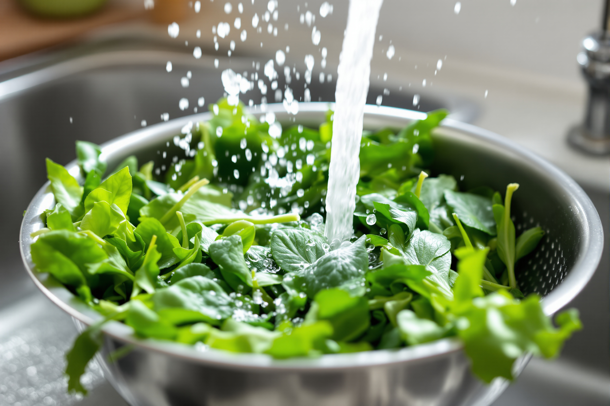 Fresh leafy greens being rinsed under running water in a stainless steel colander in a bright kitchen sink