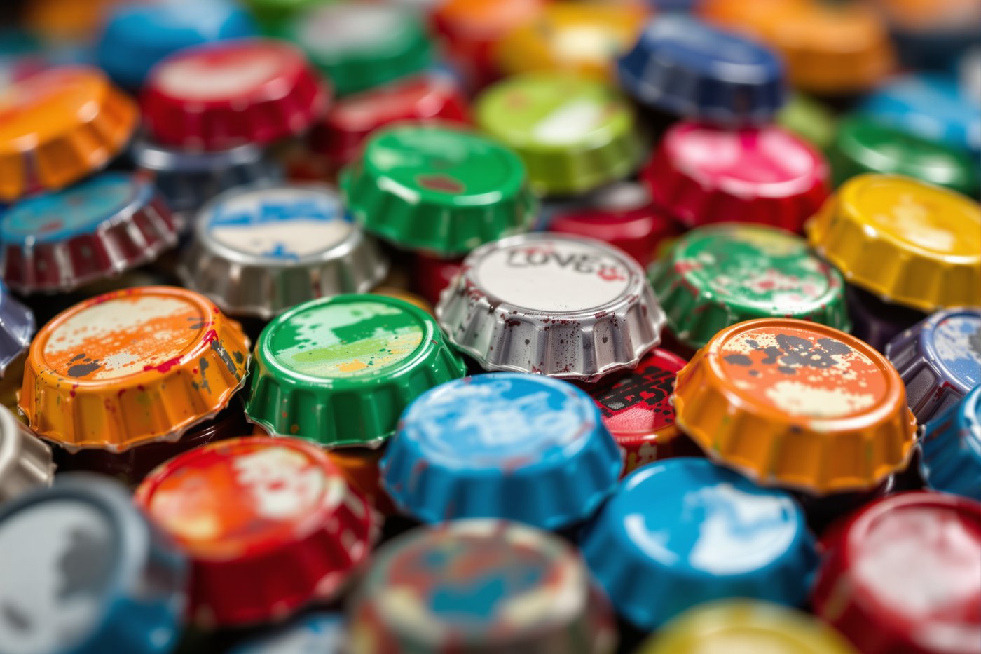 A close-up pile of colorful painted metal bottle caps with visible scratches and paint wear on their glossy surfaces
