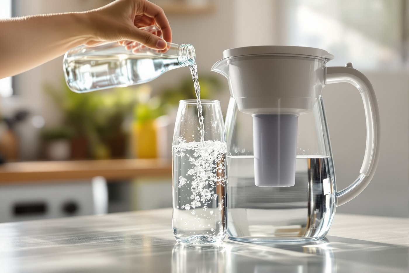 Filtered water being poured from a clear glass bottle into a glass beside a glass water filter pitcher on a sunlit kitchen counter