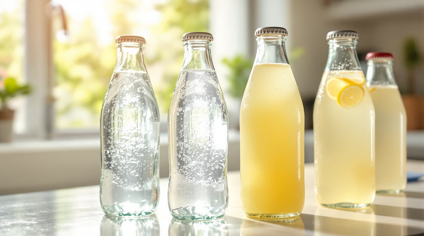 A row of clear glass bottles of water and lemonade sealed with metal caps on a sunlit kitchen counter