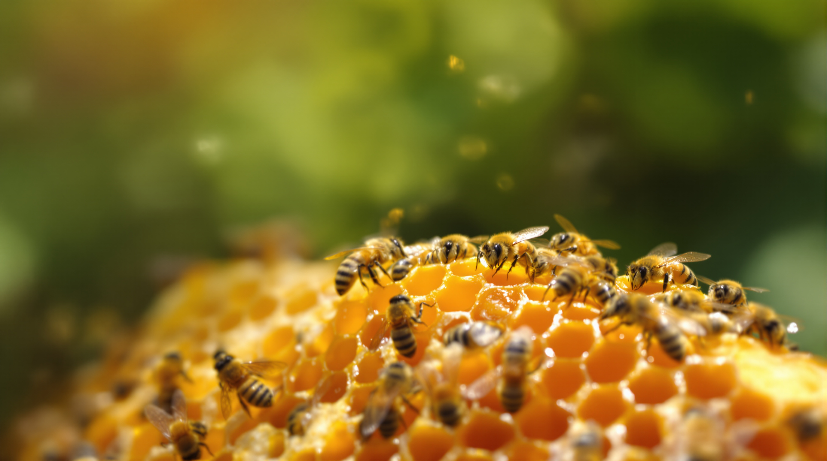 Close-up macro photo of honeybees on a real honeycomb frame filled with capped and open honey cells in a sunlit garden