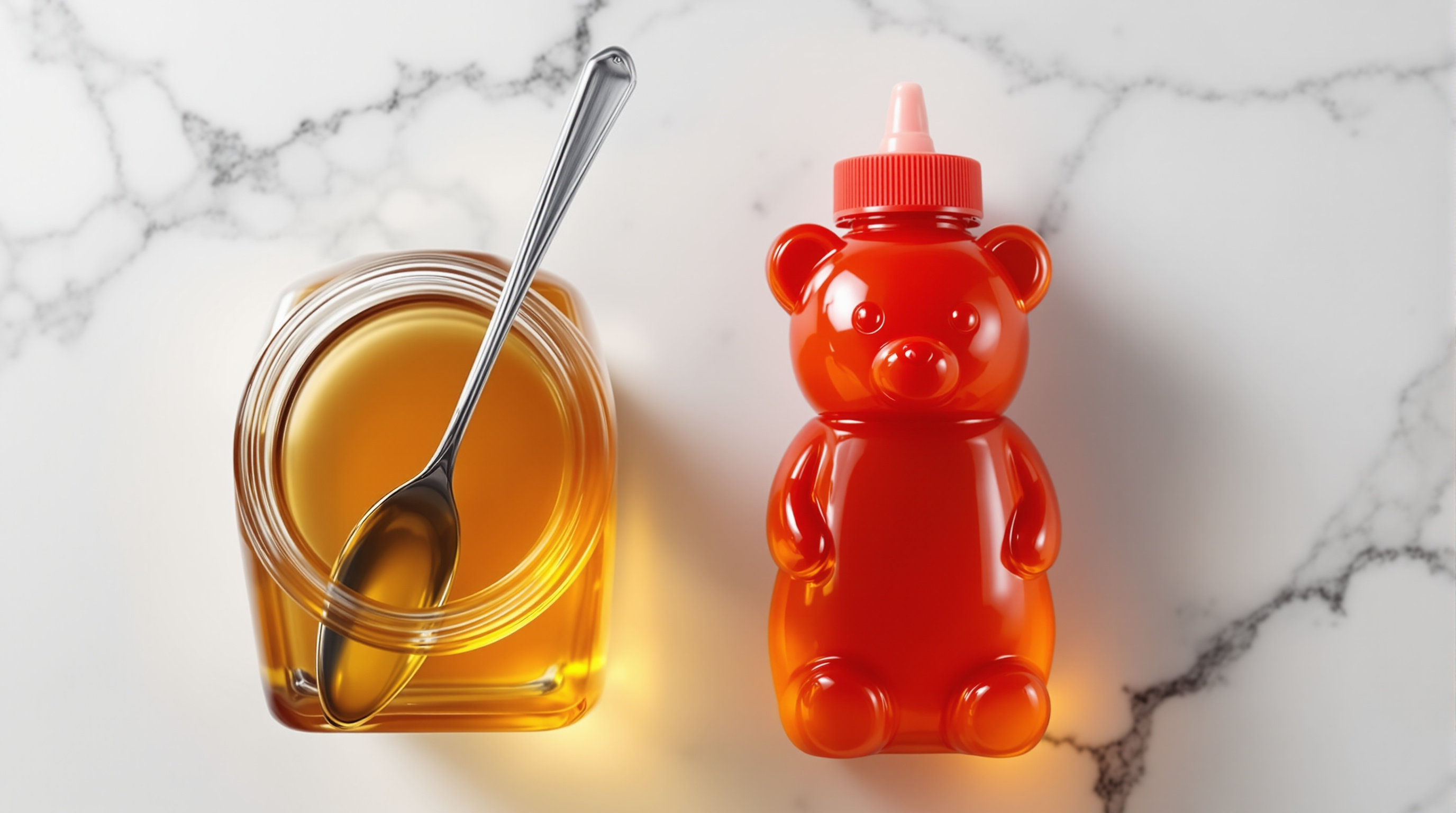 Overhead comparison flatlay of a clear glass jar of golden honey with a metal spoon beside a red plastic bear-shaped honey squeeze bottle on a white marble kitchen counter