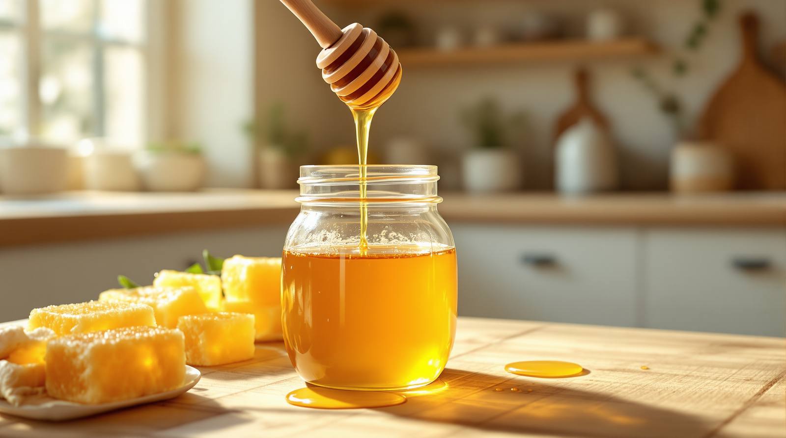 A clear glass jar of golden honey with a wooden honey dipper drizzling honey into it on a rustic wooden kitchen counter in soft morning sunlight