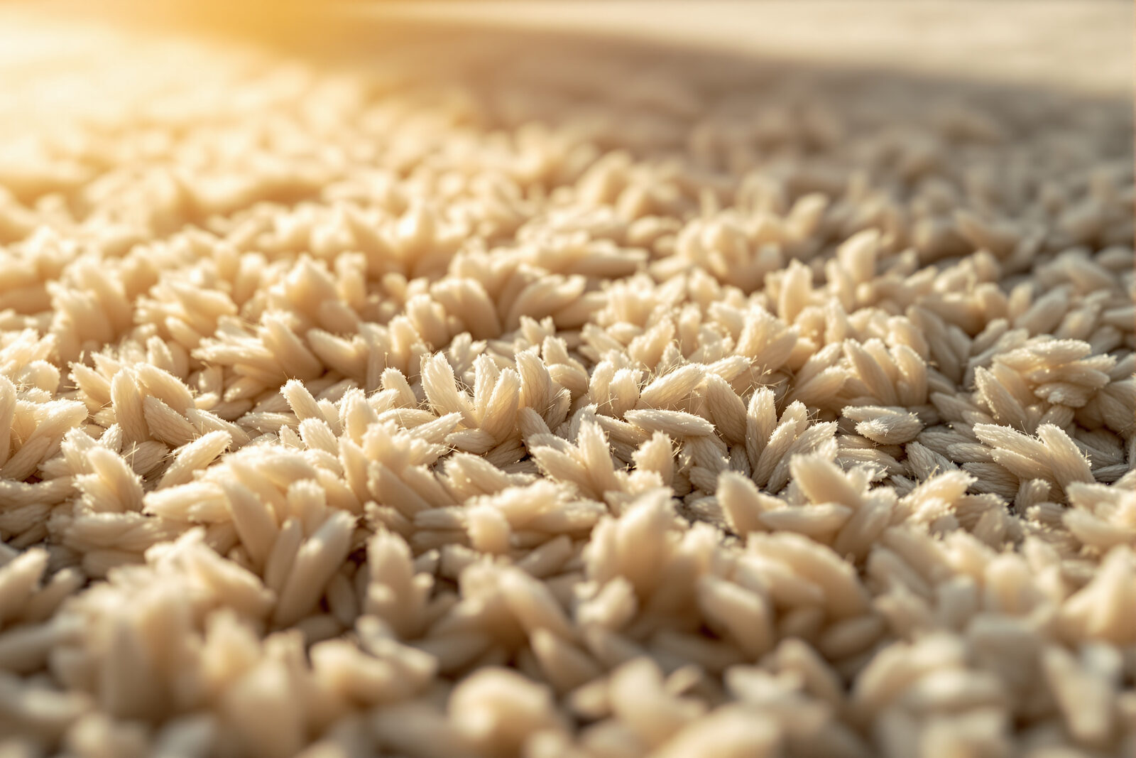 Extreme close-up of plush cream synthetic carpet fibers in warm light, with fine loose fibers visible at the tips