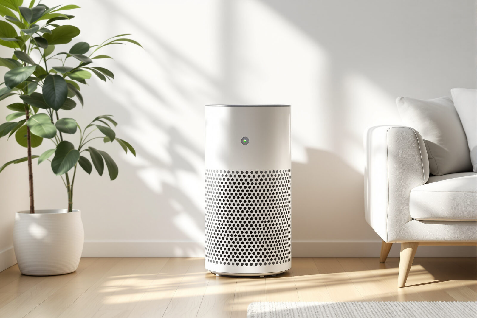 A modern white cylindrical air purifier running on a wooden floor in a bright minimalist living room beside a green potted plant and a sofa