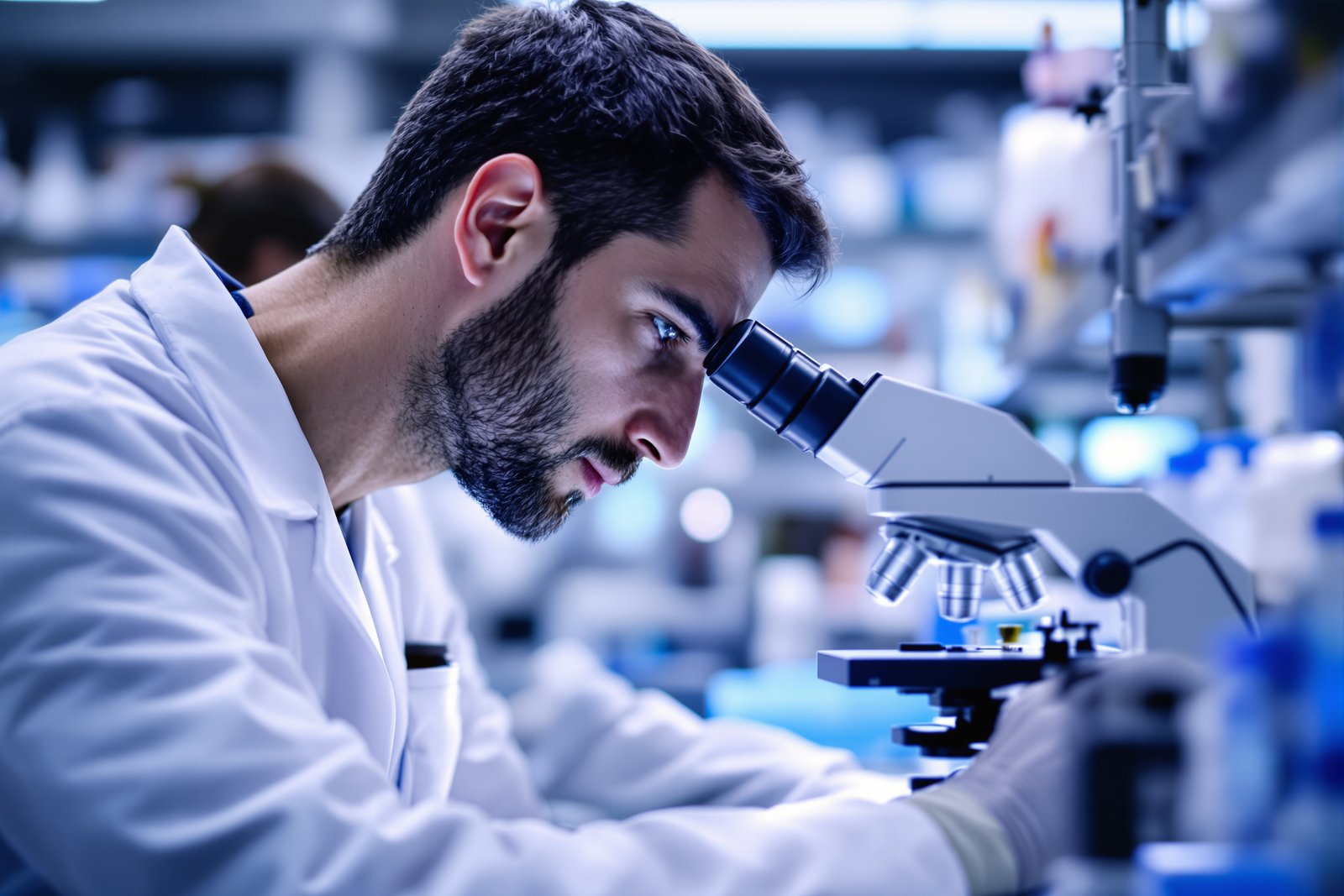 A scientist in a white coat looking into a laboratory microscope in a modern research lab, analyzing a tissue sample