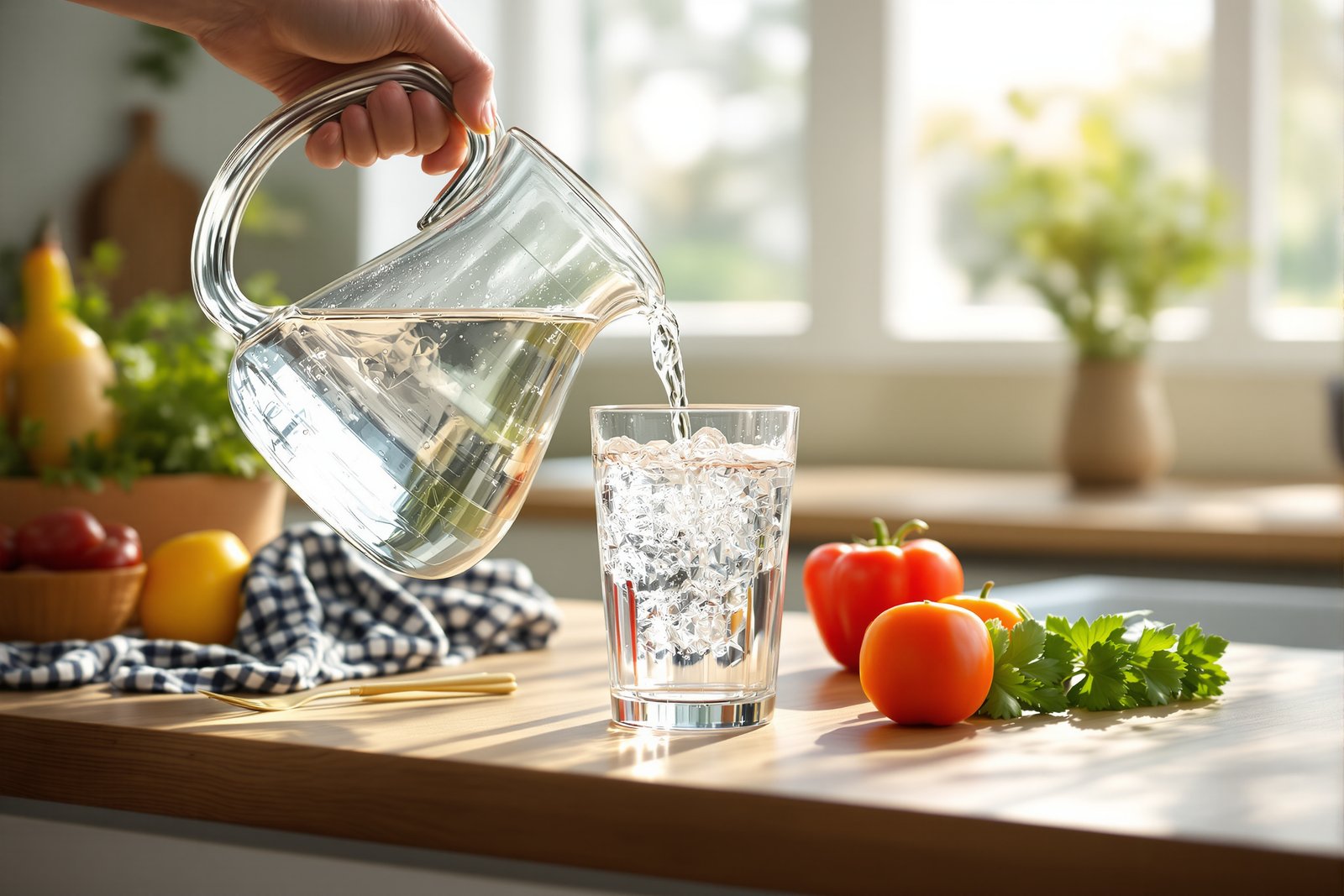 Clear filtered water being poured from a glass carafe into a glass on a sunlit wooden kitchen counter with fresh vegetables nearby