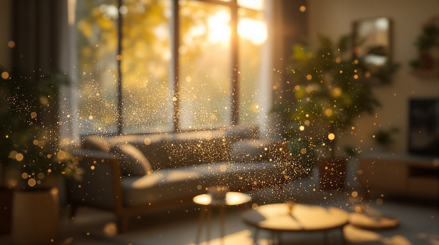 Sunlight streaming through a living-room window revealing tiny airborne dust particles and fibres floating in the air you breathe indoors
