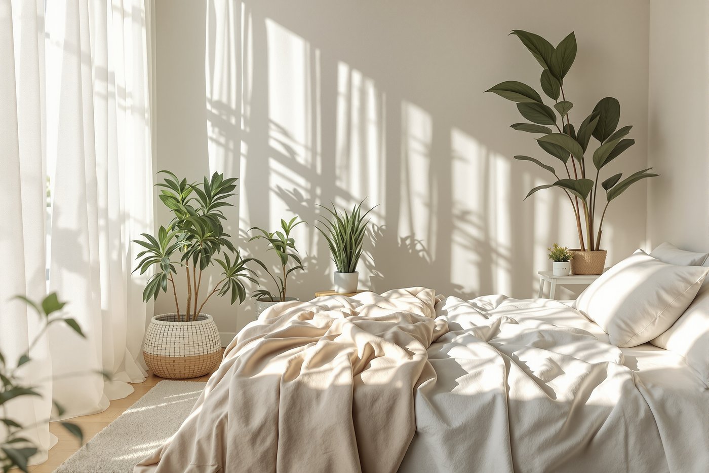 A bright, airy bedroom in soft morning light with natural linen bedding and houseplants, where synthetic textiles and dust shed microplastic fibres into the air you breathe overnight
