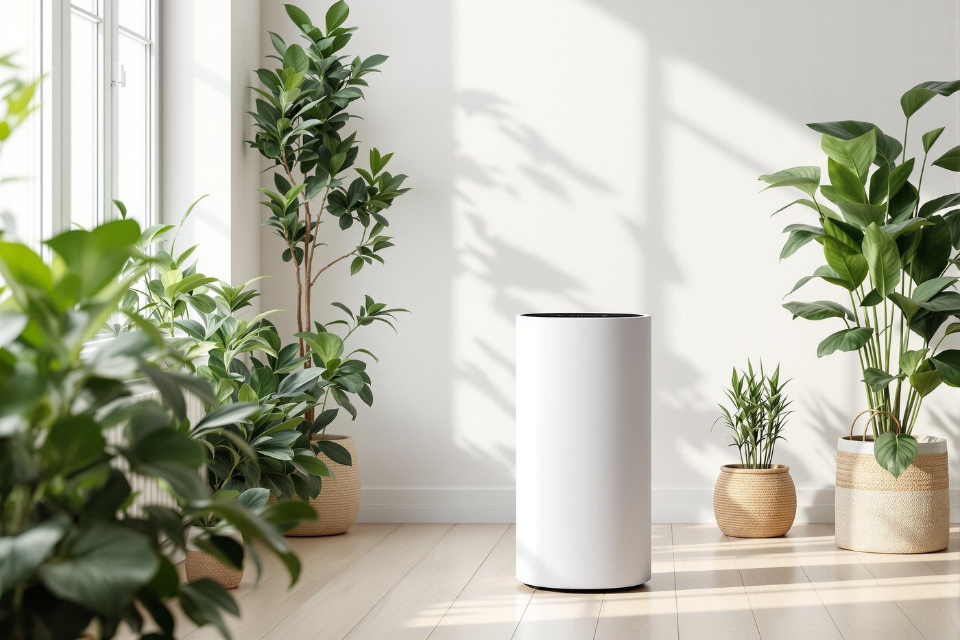 A plain white cylindrical HEPA air purifier running on a wooden floor in a bright, plant-filled living room, the kind of mechanical filtration that captures airborne microplastic fibres before you breathe them