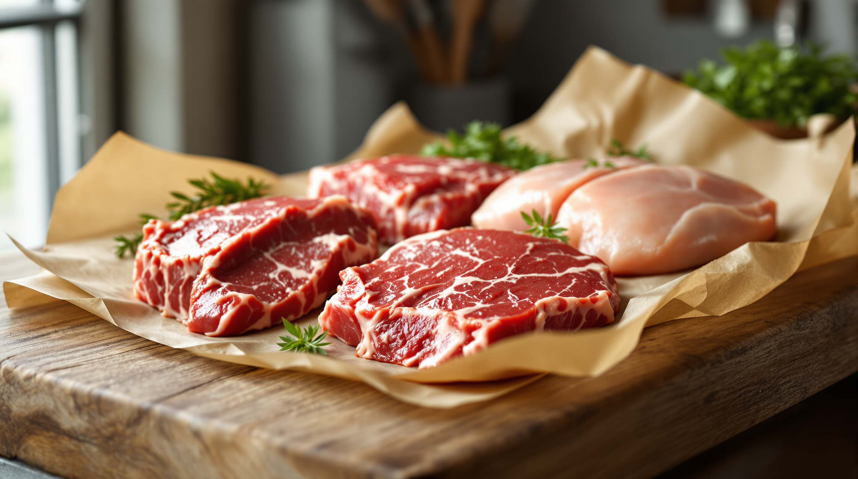 Fresh raw steak, beef, and chicken breasts arranged on brown butcher paper on a wooden kitchen counter