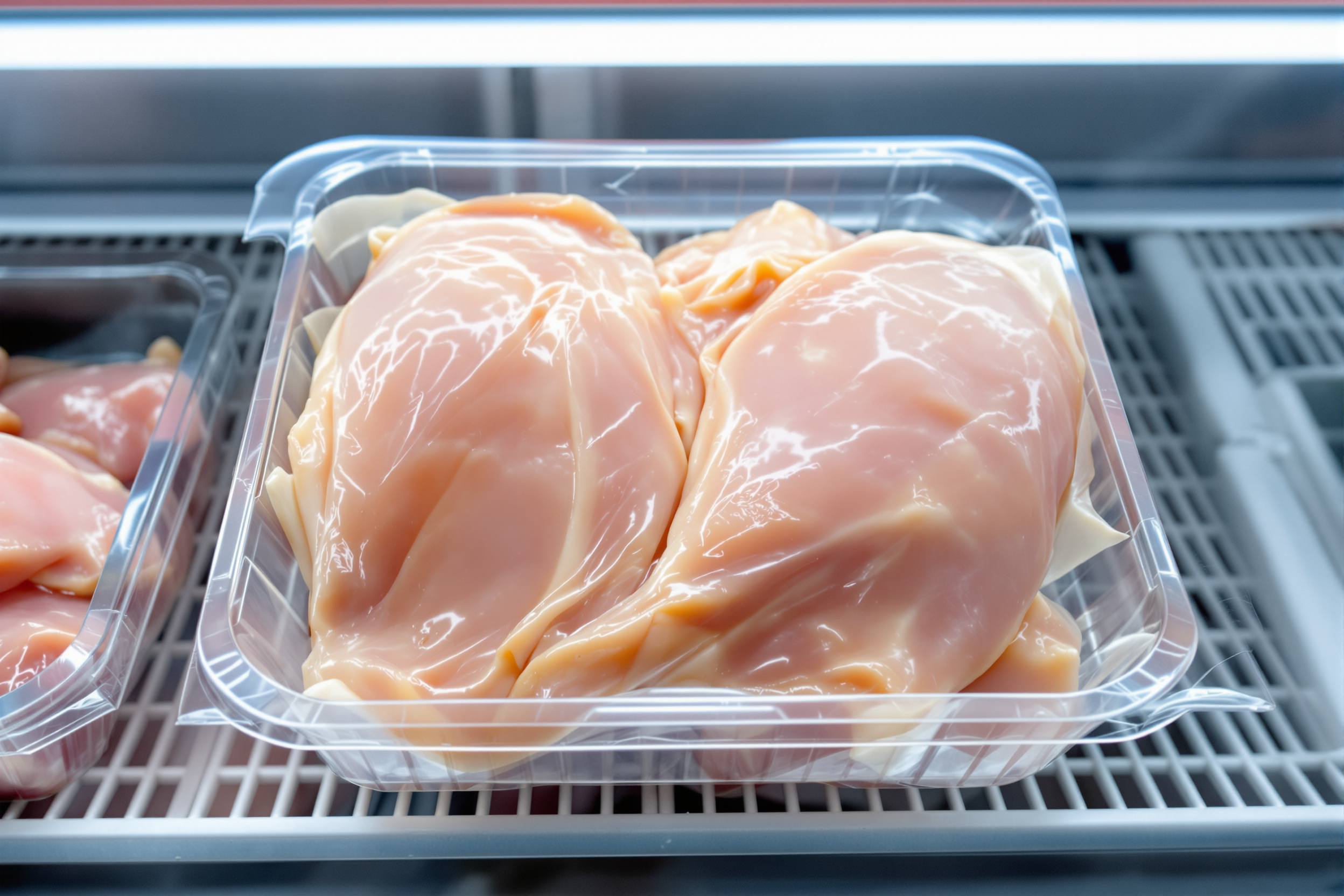 Raw chicken breasts sealed under clear plastic film in a plastic tray on a refrigerated supermarket shelf