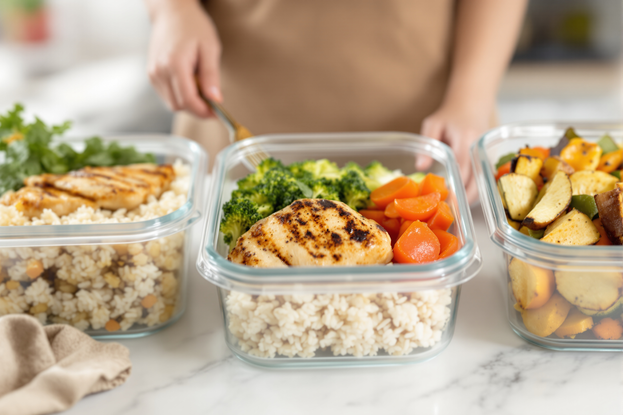 Grilled chicken, brown rice, and roasted vegetables portioned into clear glass meal-prep containers on a kitchen counter