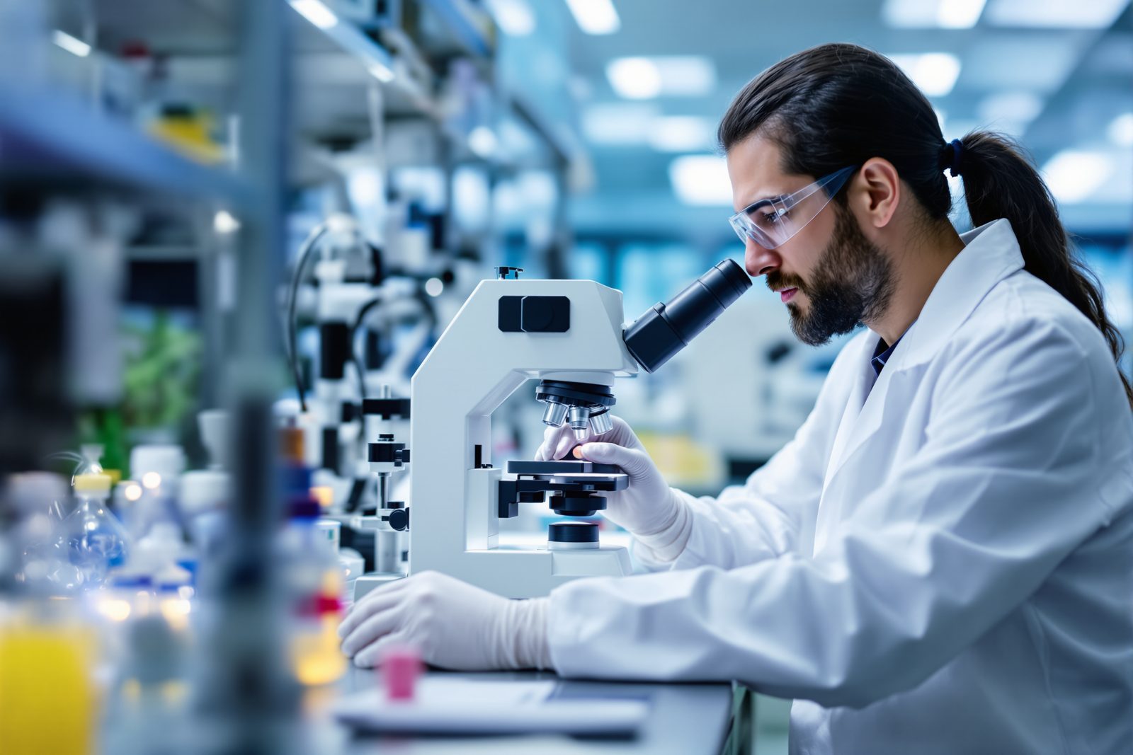 A researcher in a white coat and safety glasses studying a placental tissue sample through a laboratory microscope in a bright research lab