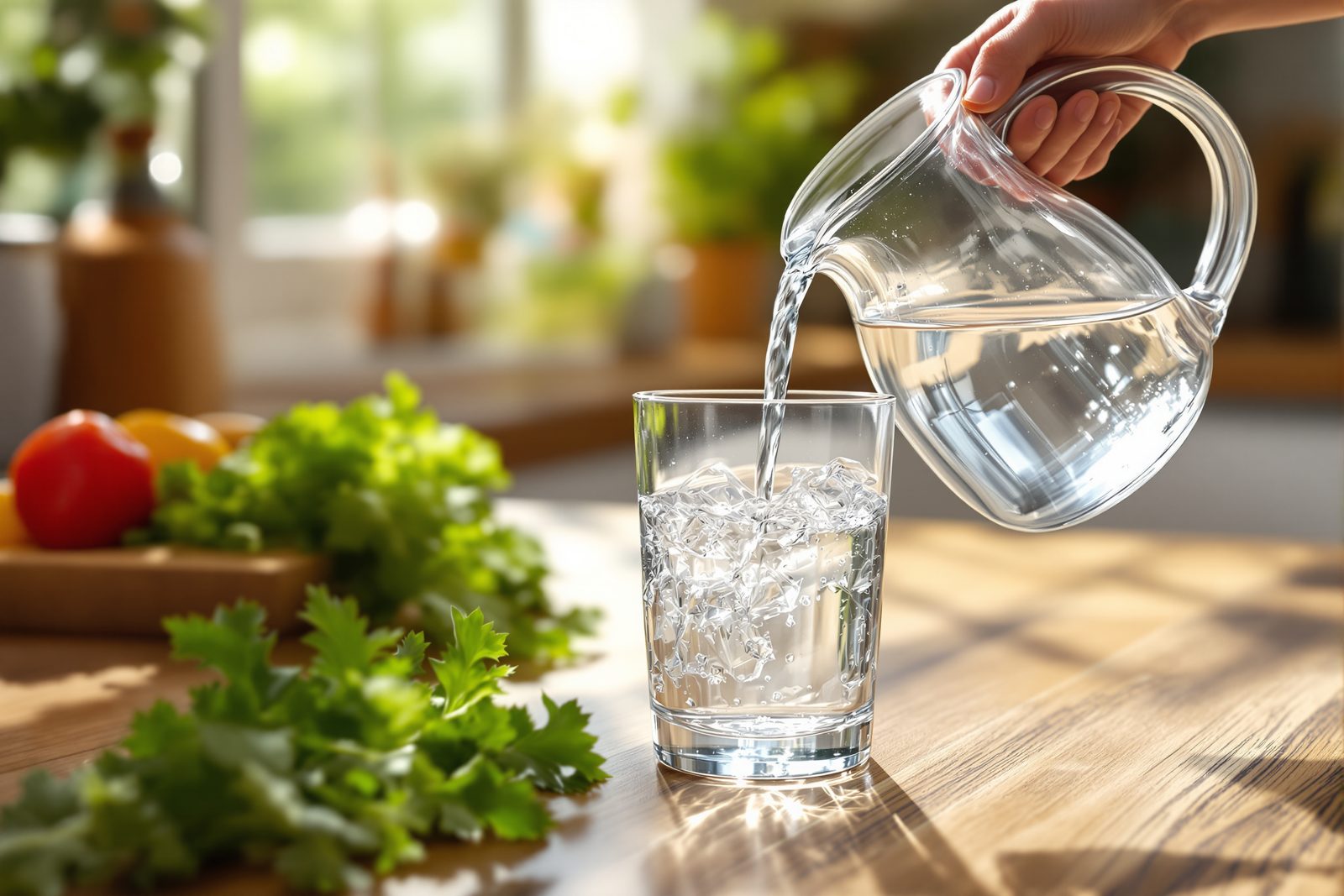 A glass pitcher pouring clear filtered water into a tumbler on a sunny wooden countertop beside fresh leafy greens and tomatoes