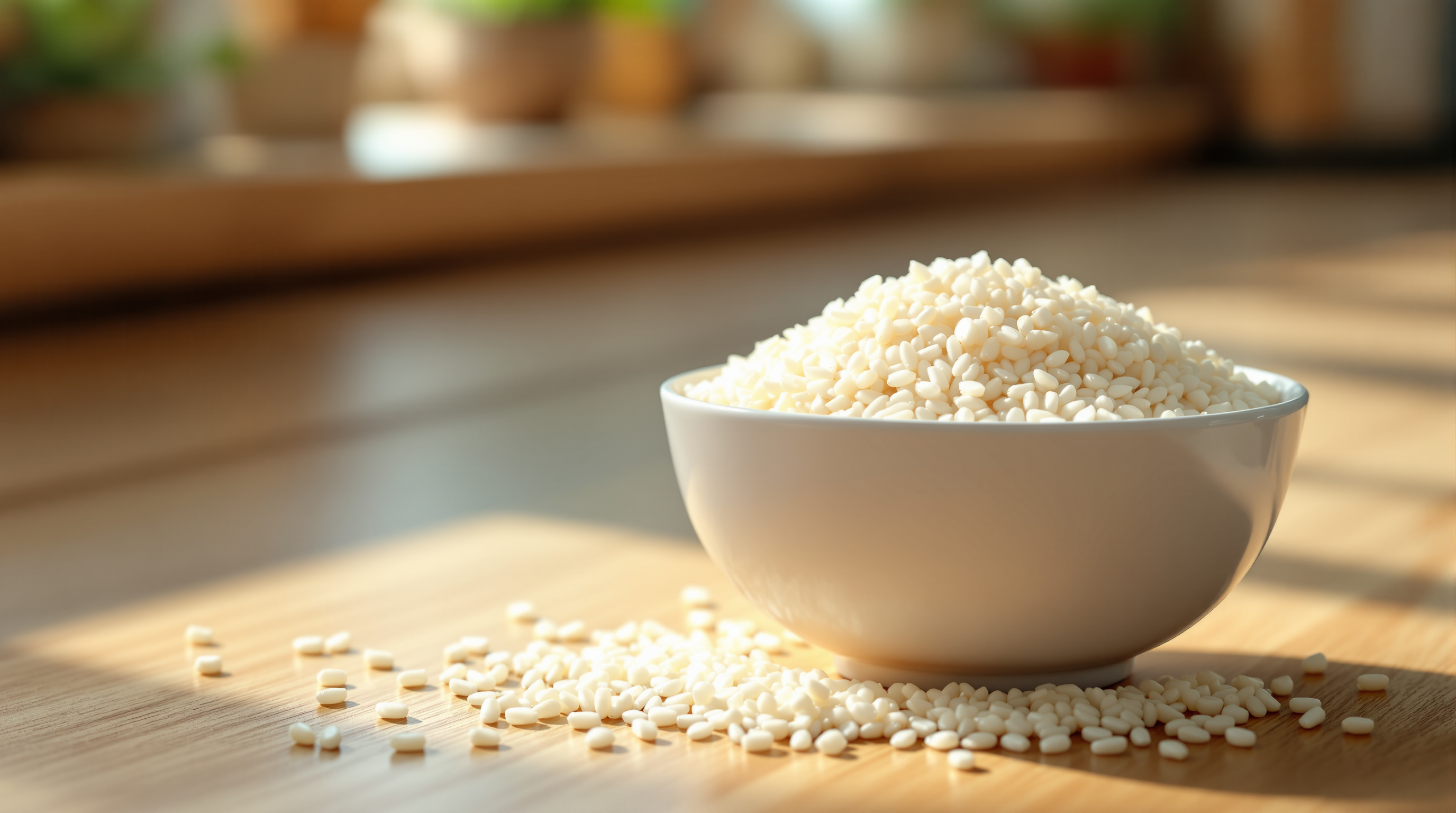 A white ceramic bowl of uncooked white rice grains on a sunlit wooden kitchen counter