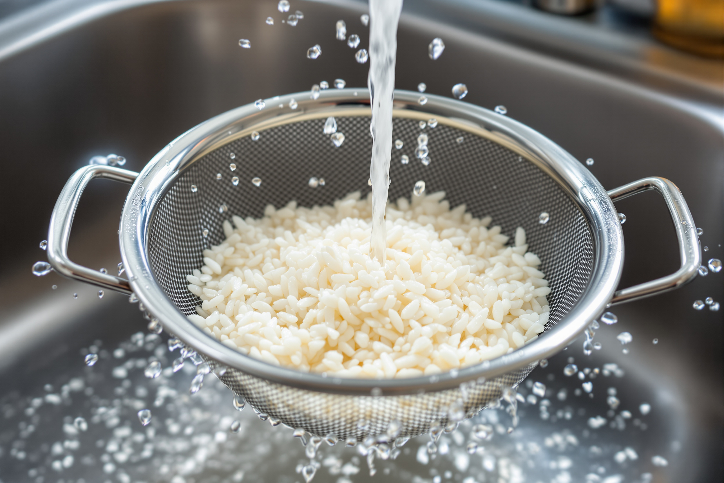 White rice being rinsed in a stainless steel fine-mesh strainer under running tap water over a kitchen sink
