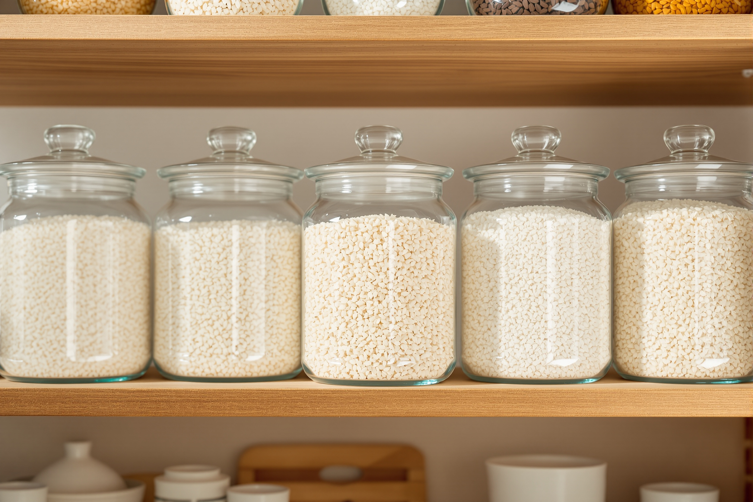 Dry white rice stored in clear glass jars with lids lined up on a wooden pantry shelf in soft natural light