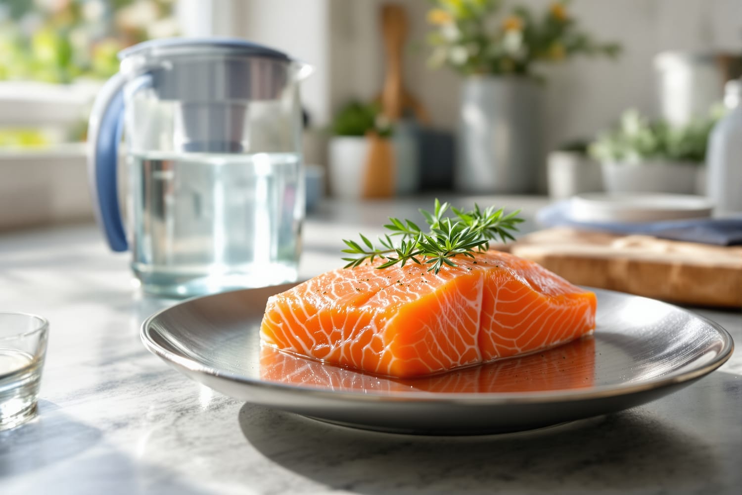 A fresh raw salmon fillet on a stainless steel plate beside a clear glass water filter pitcher on a sunlit kitchen counter