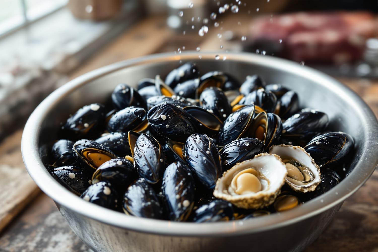 Fresh blue mussels and open oysters glistening with water droplets in a stainless steel bowl on a rustic wooden kitchen counter
