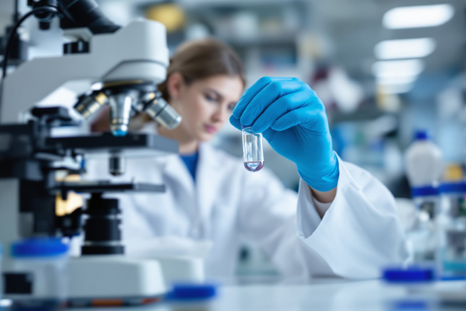 A researcher in a white coat and blue gloves examining a small clear sample vial beside a laboratory microscope in a bright research lab