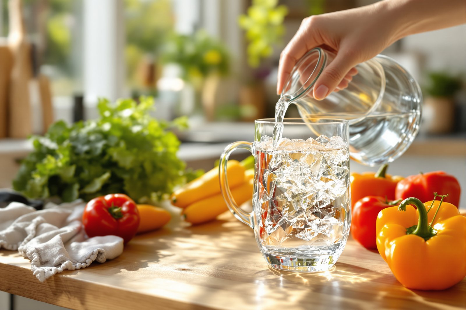 A glass pitcher pouring clear filtered water into a tumbler on a sunny wooden countertop beside fresh peppers and leafy greens