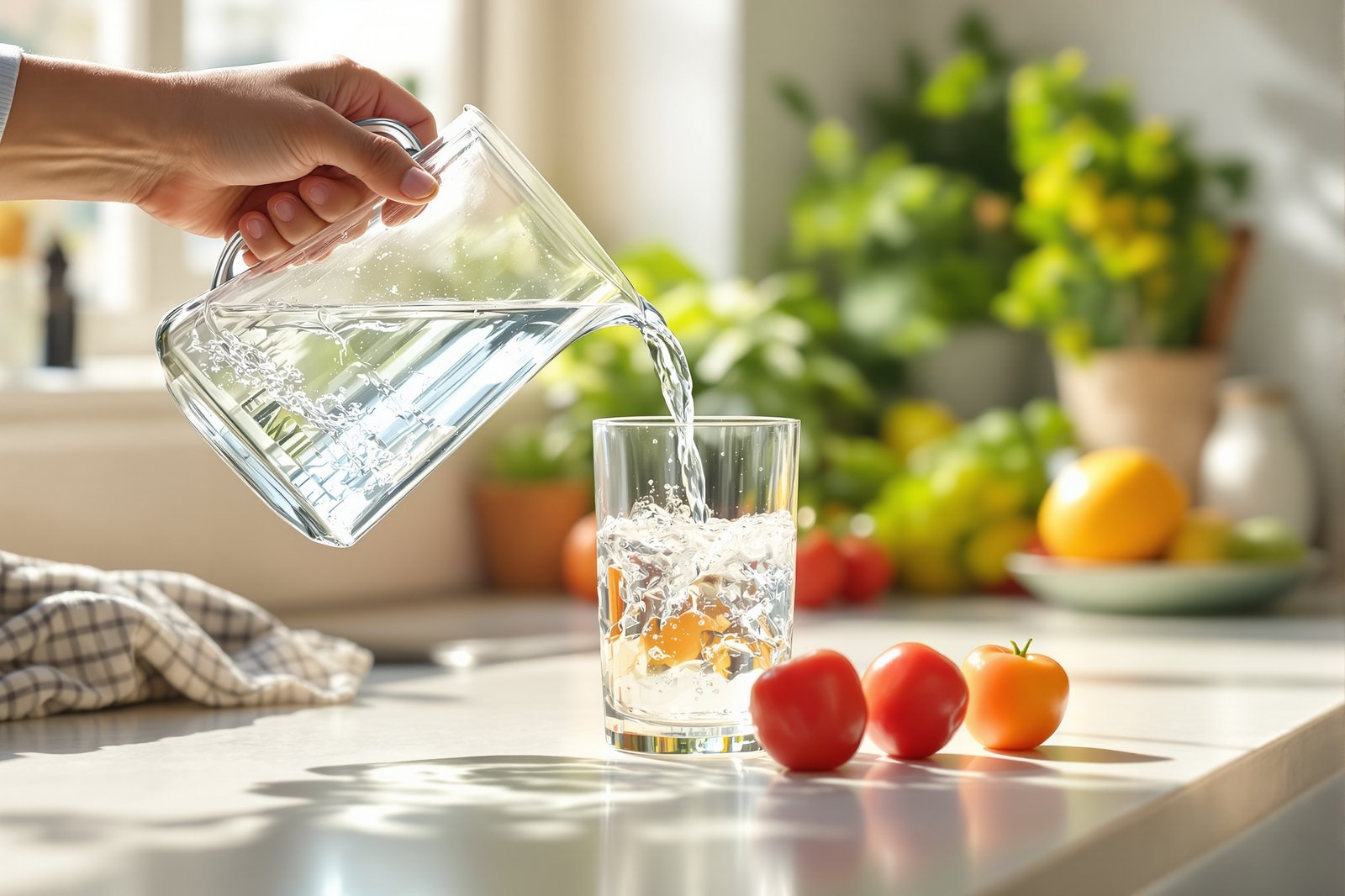 Clear filtered water being poured from a glass pitcher into a glass on a sunlit kitchen counter with fresh produce nearby