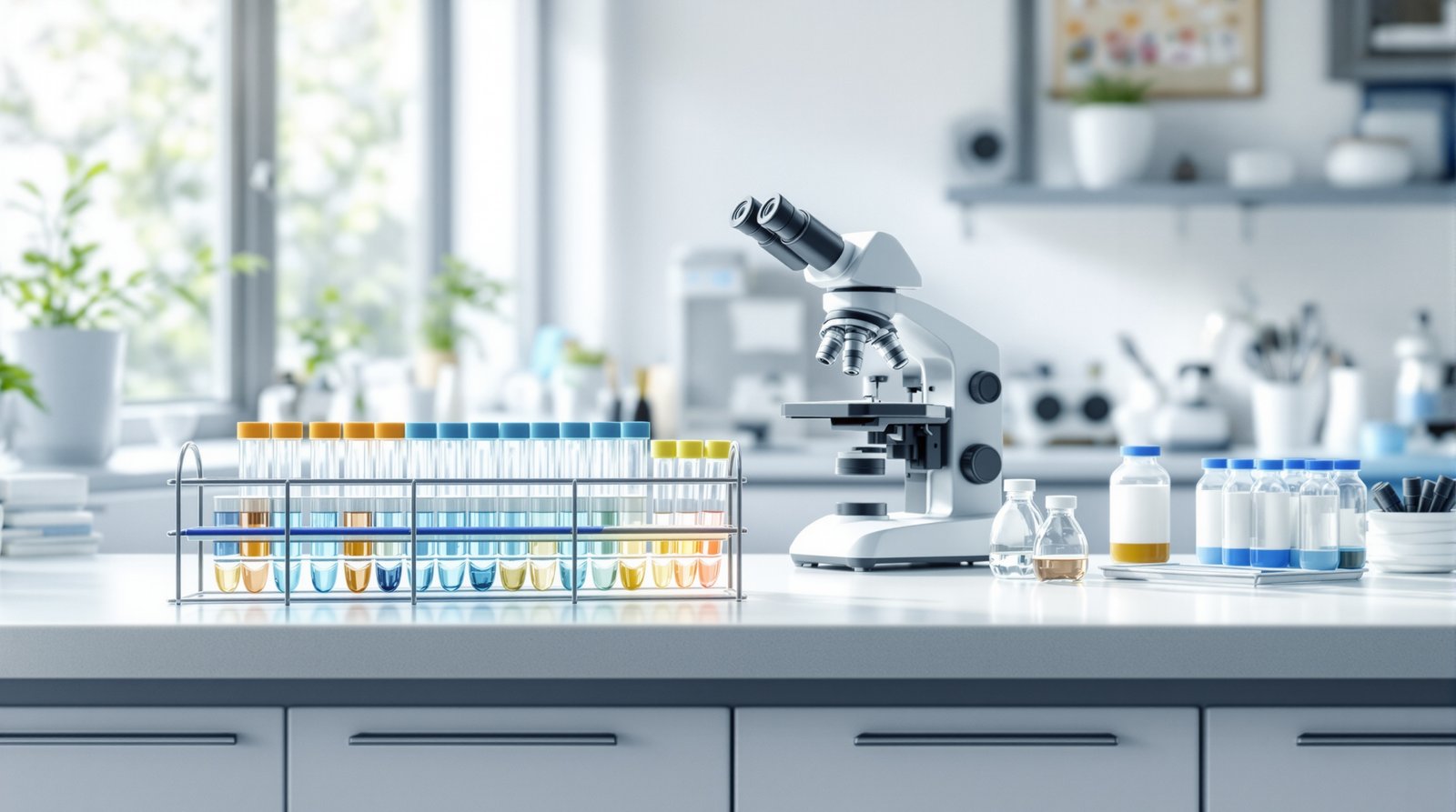 A rack of colorful sample collection tubes and a microscope on a bright laboratory bench in soft natural light