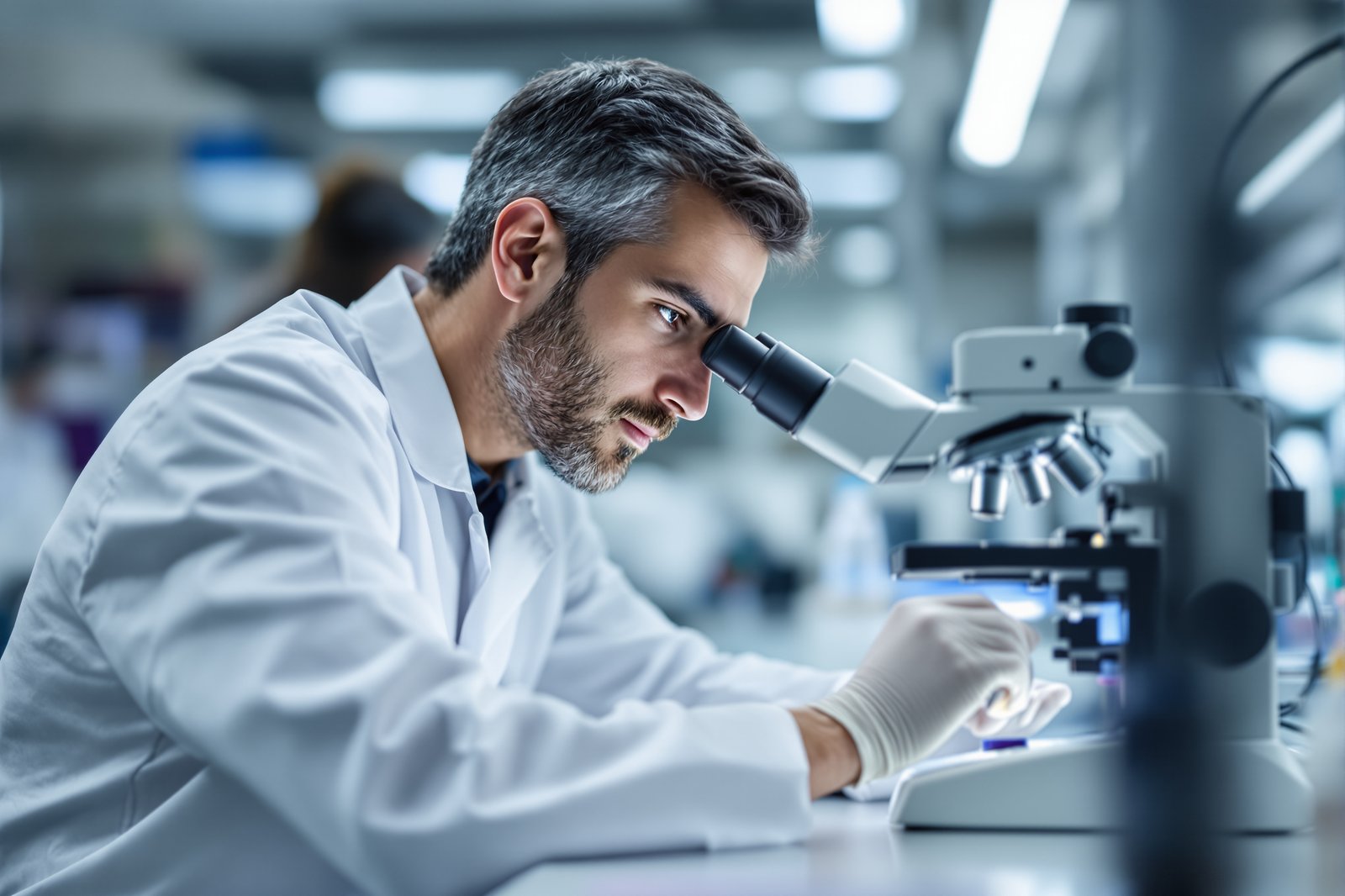 A scientist in a white lab coat examining a sample under a laboratory microscope in a modern research lab