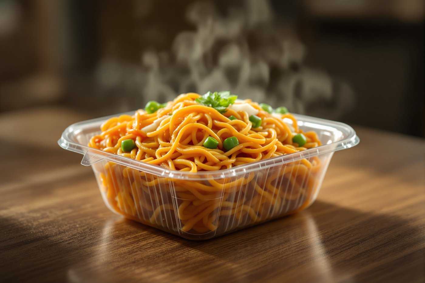 Steaming hot noodles in a clear plastic clamshell takeout container on a wooden table