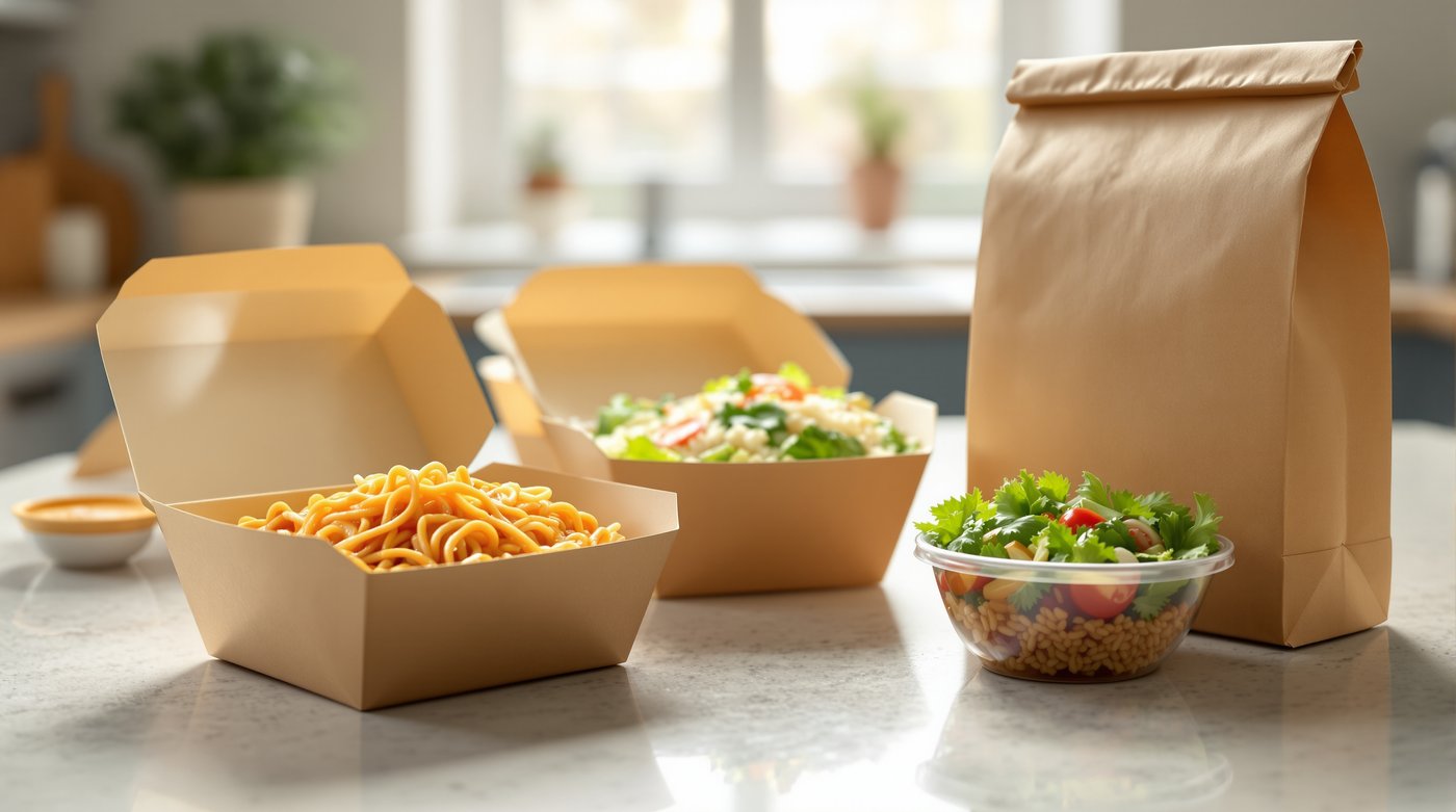 Open kraft-paper takeout boxes of noodles and salad, a clear plastic container, and a brown paper takeout bag on a sunlit kitchen counter