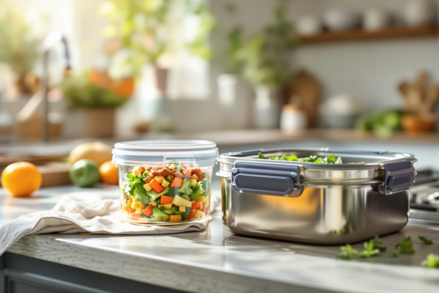 A glass meal-prep container of chopped vegetables beside a stainless steel lunch box of greens on a sunlit kitchen counter
