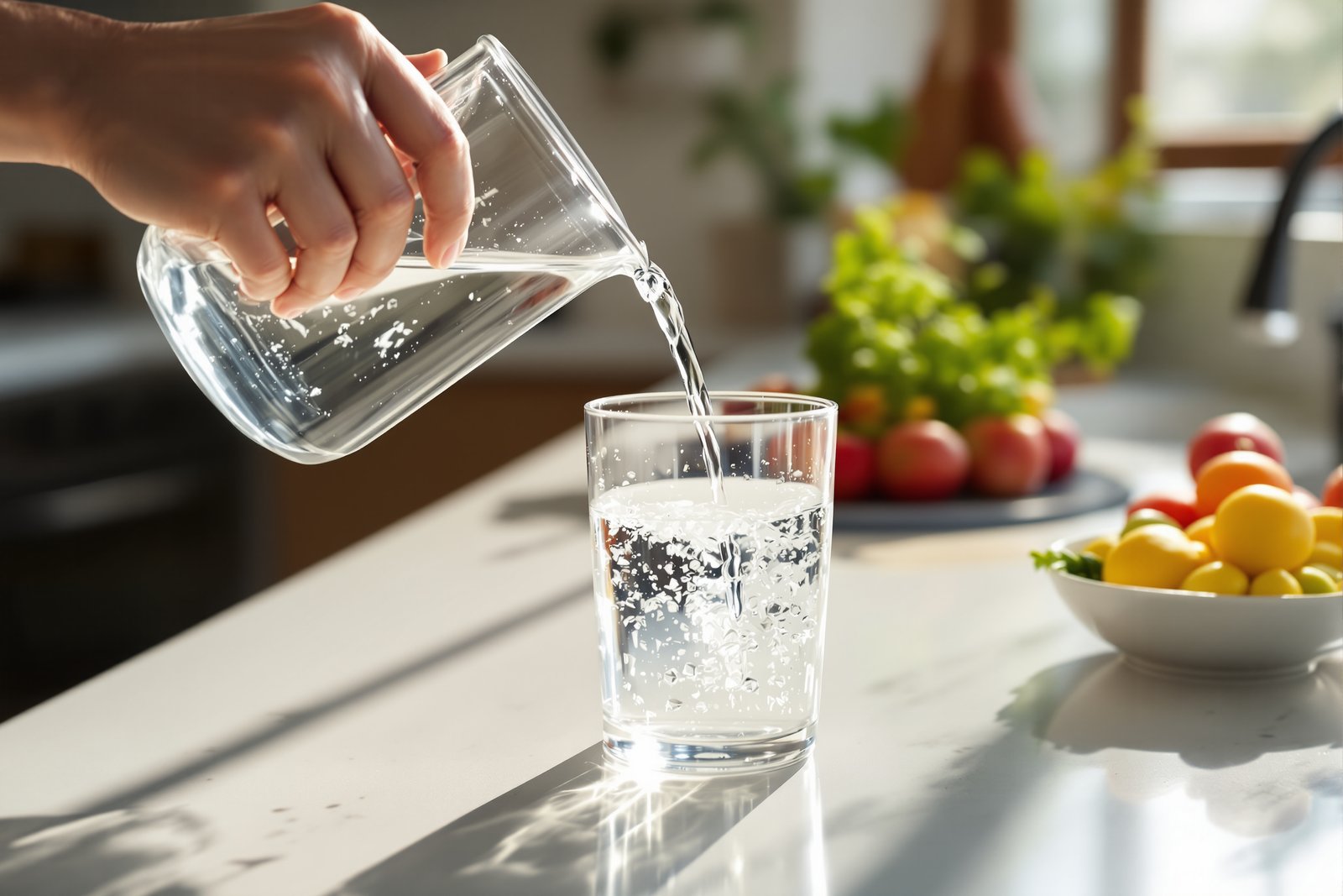 Filtered water poured from a glass pitcher into a drinking glass beside a bowl of fresh fruit on a bright kitchen counter