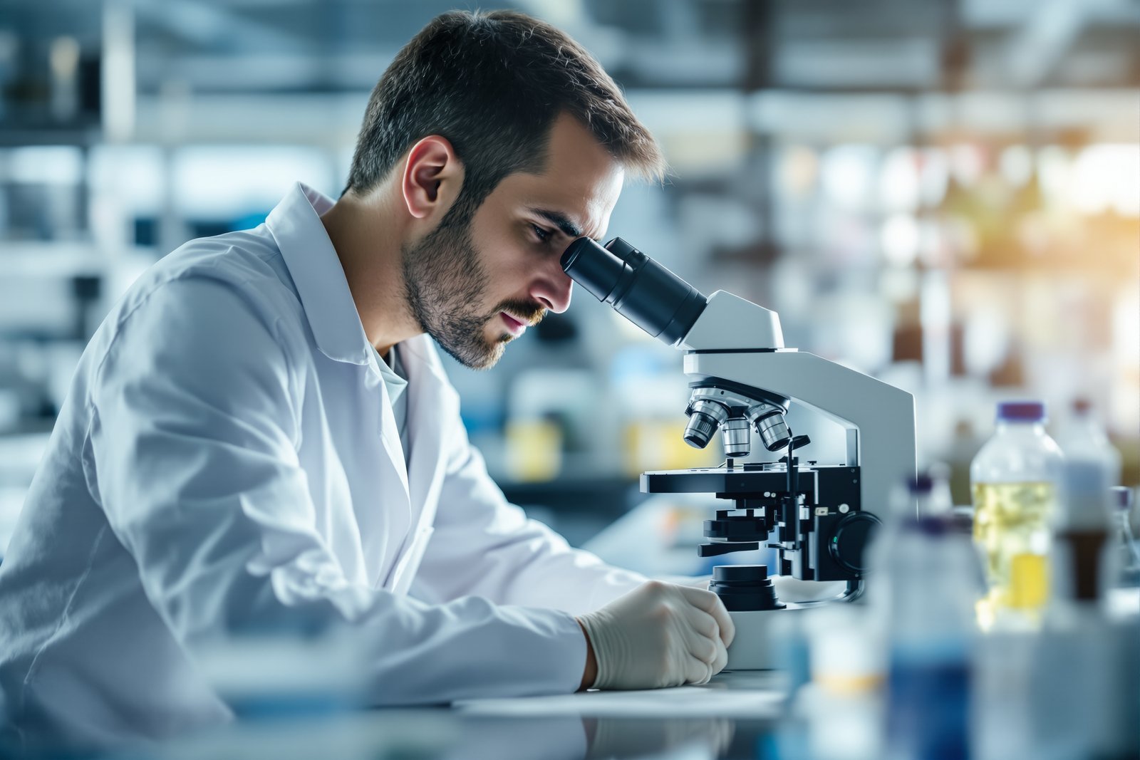 A researcher in a white coat studying a sample under a laboratory microscope while analyzing urine for microplastic particles