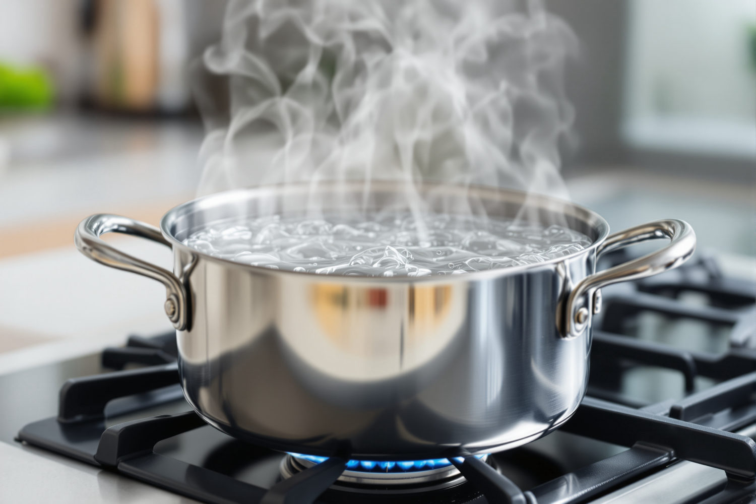 A stainless steel pot of water at a rolling boil on a gas stove with rising steam, illustrating that boiling only traps microplastics in hard water and only if the scale is filtered out