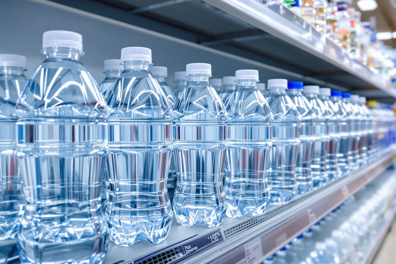 Rows of clear plastic water bottles lined up on a bright supermarket shelf, illustrating that bottled water carries far more nanoplastics than filtered tap water
