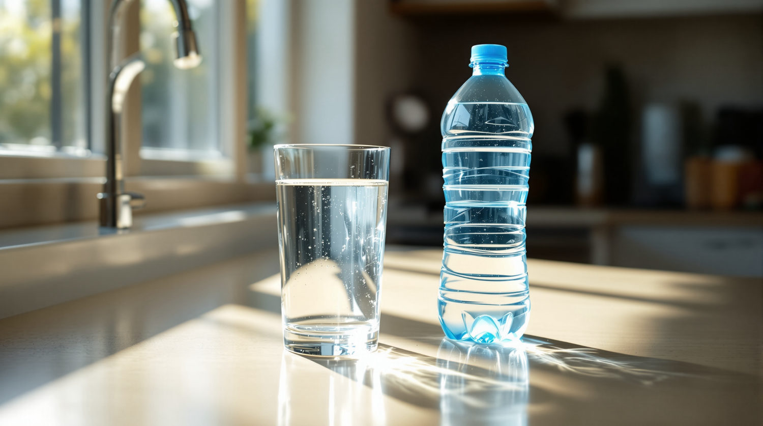A clear glass of water beside a disposable plastic water bottle on a sunlit kitchen counter next to a sink