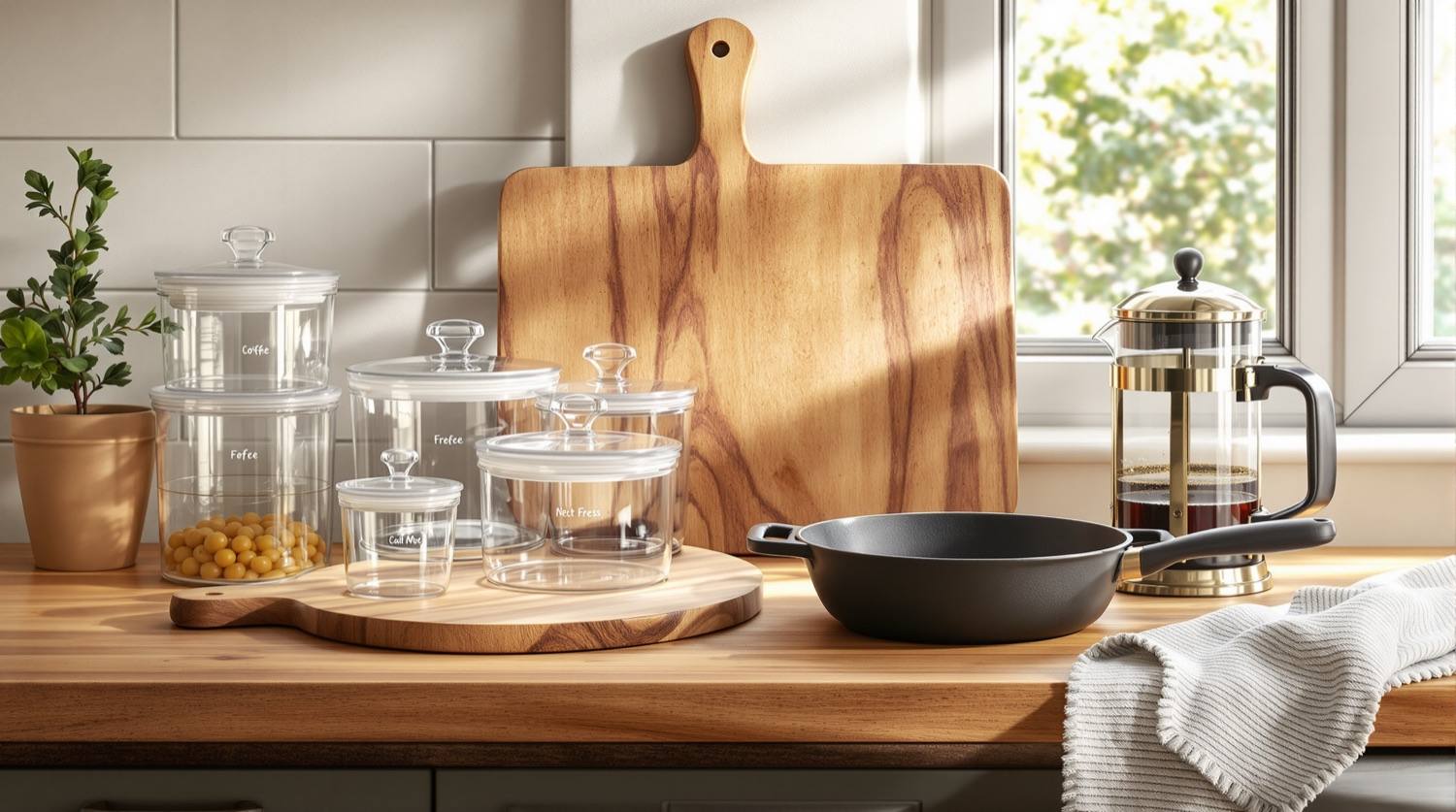 A wooden kitchen counter with a wood cutting board, glass food containers, a cast iron skillet, and a glass French press coffee maker arranged together