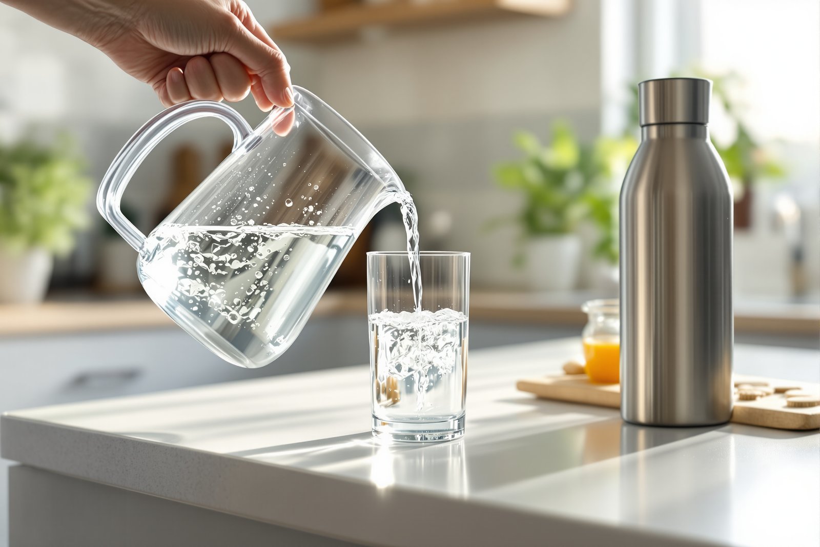 Filtered water being poured from a glass pitcher into a clear drinking glass on a bright kitchen counter, with a stainless steel water bottle nearby