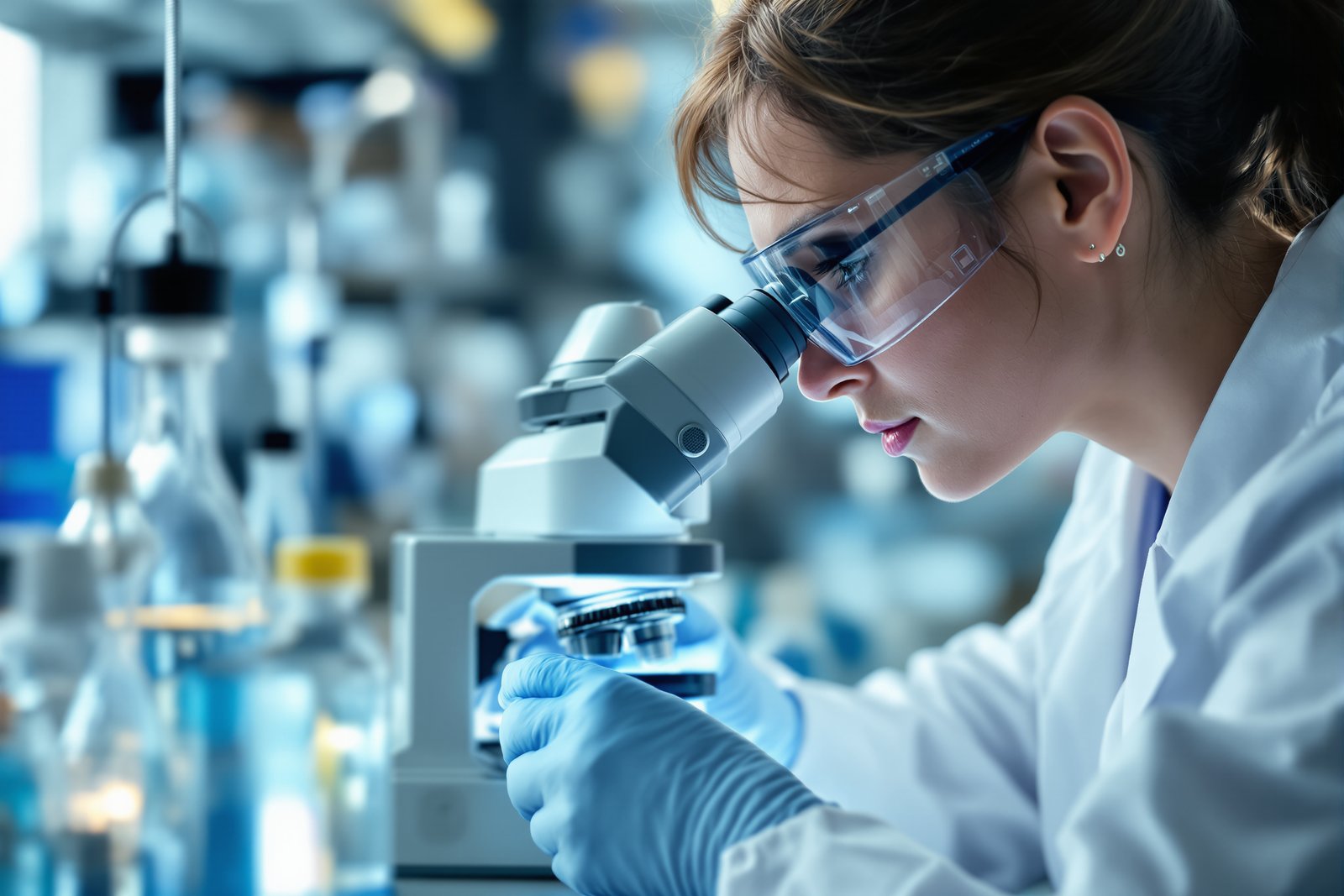 A scientist looking through a laboratory microscope while analyzing a water sample for tiny plastic particles, with lab glassware in soft focus nearby
