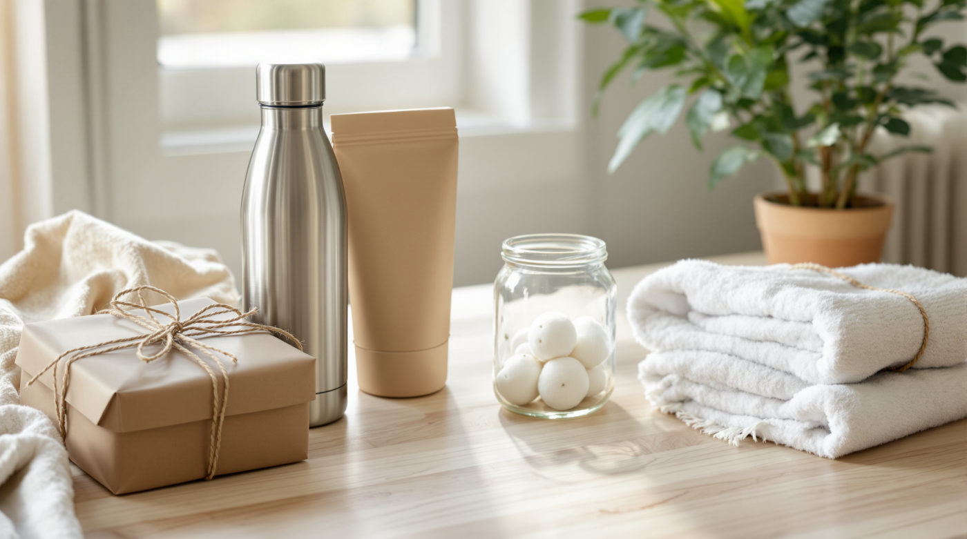 A wrapped kraft-paper gift box, a stainless steel water bottle, a glass jar, folded organic cotton towels and a potted plant on a sunlit wooden table