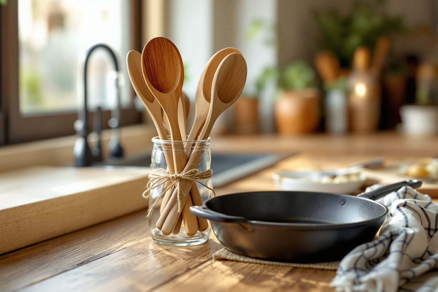 Wooden cooking spoons tied with twine in a glass jar beside a bare cast iron skillet on a sunlit wooden kitchen counter
