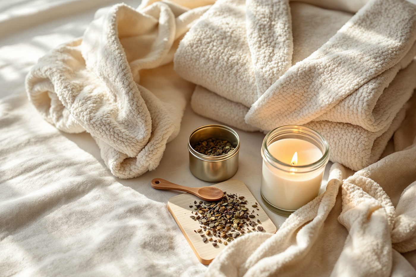 A folded plush organic cotton robe, a metal tea tin with loose leaf tea and a lit soy candle in a glass jar arranged on cream linen in warm light