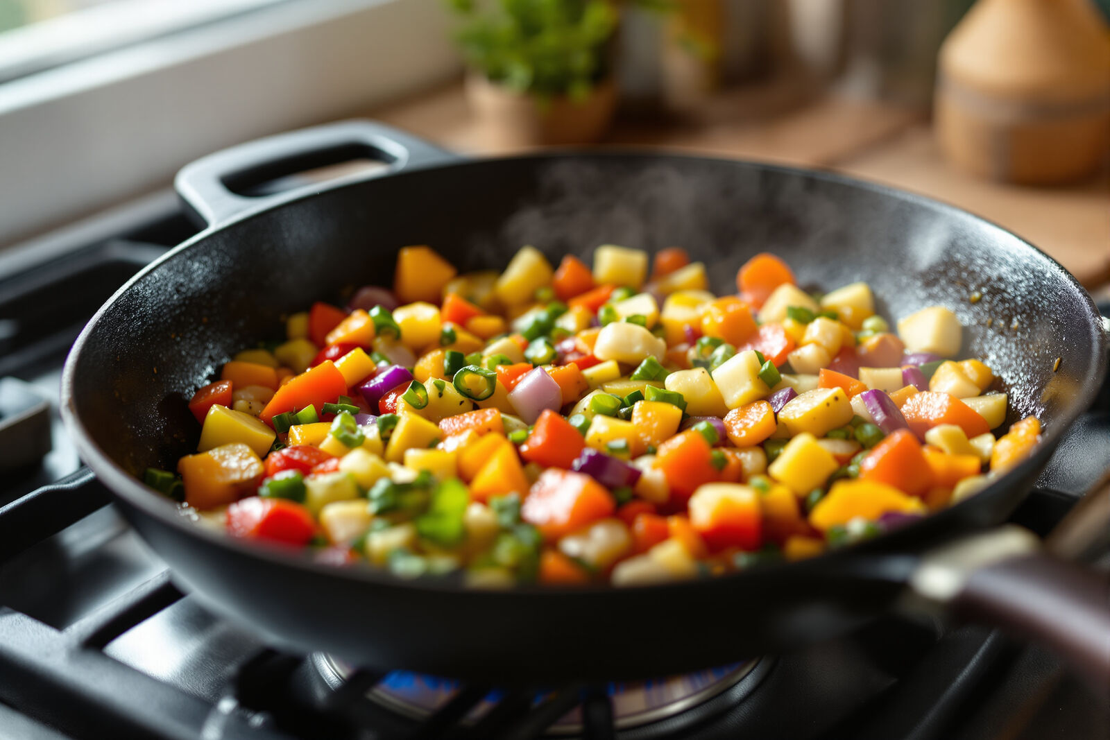 A well-seasoned cast iron skillet with colorful sautéed vegetables sizzling on a stovetop in a bright home kitchen