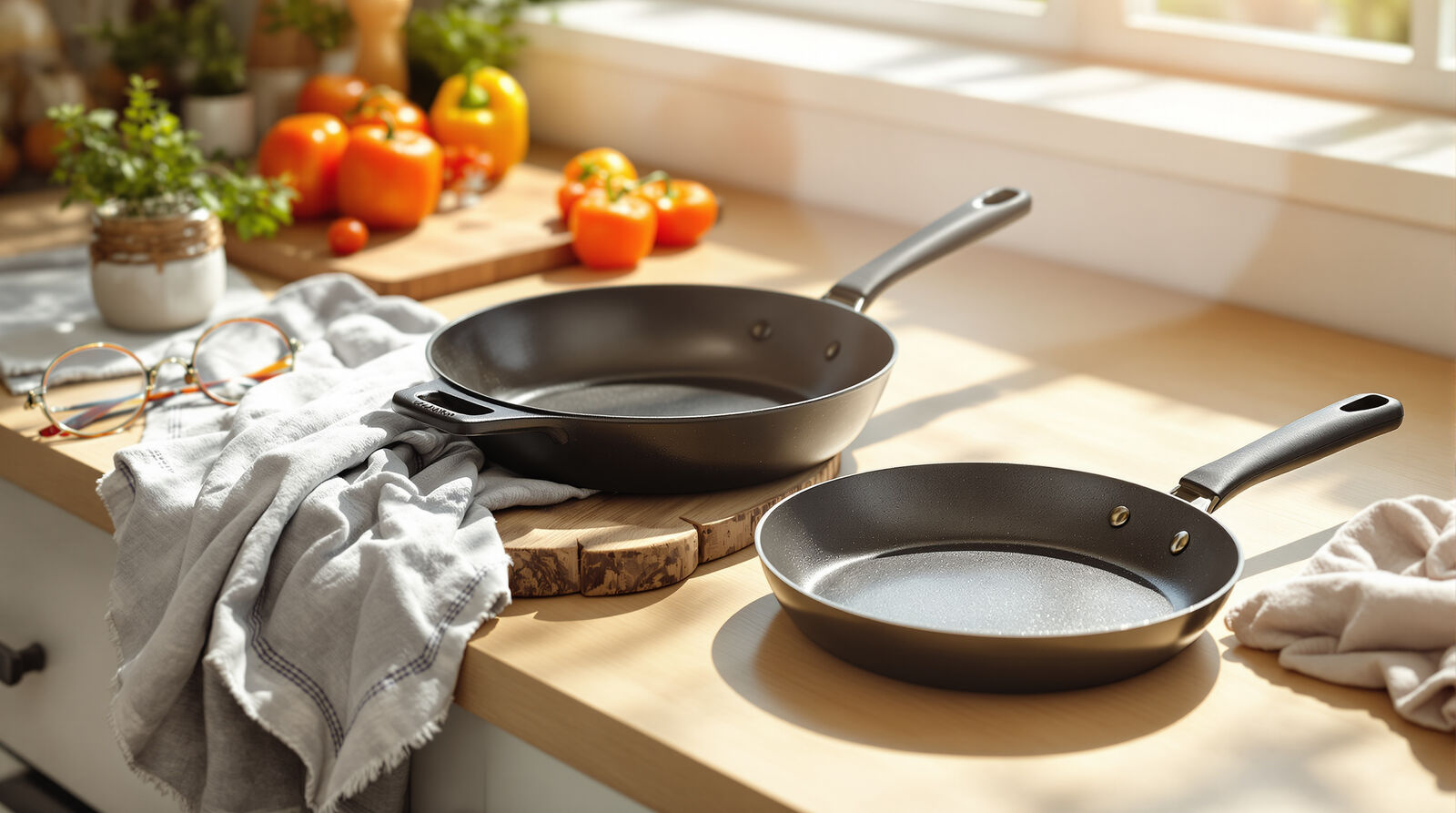 A cast iron skillet and a carbon steel frying pan on a sunlit light-wood kitchen counter beside fresh vegetables and a linen towel