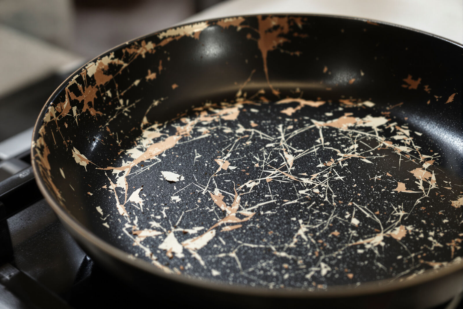 Close-up of an old nonstick frying pan with its dark coating badly scratched and flaking away, exposing the metal underneath
