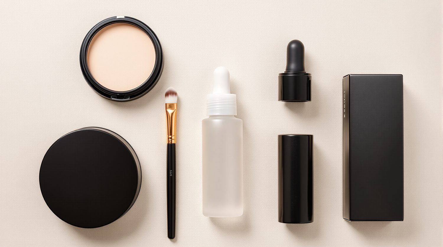 An overhead flat lay of assorted cosmetics with plain unlabeled packaging — a pressed powder compact, makeup brush, frosted dropper bottle, lipstick tube and product box on a neutral linen background